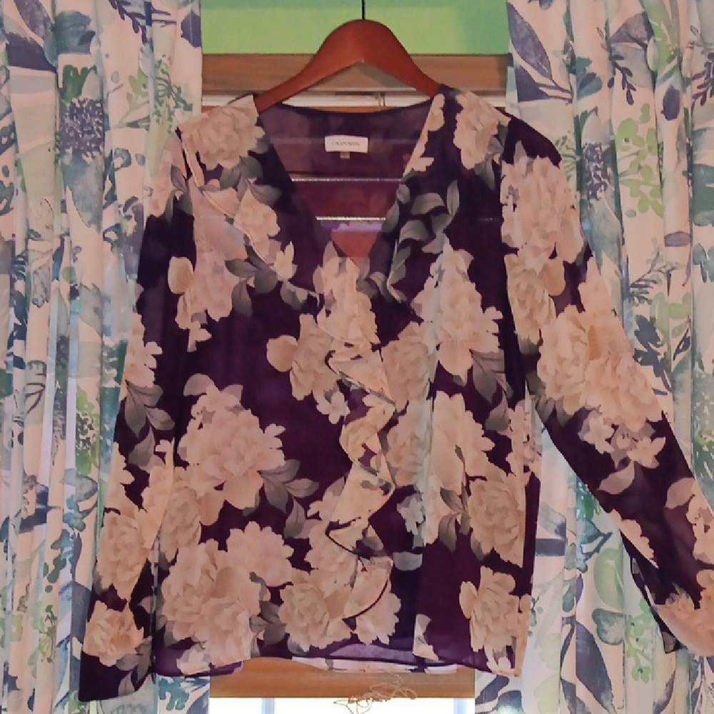 Calvin Klein Collection Floral Blouse in Purple and Cream